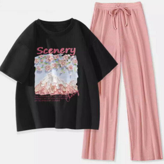 Hot selling two-piece short-sleeved ice silk pants [Black (Fuji Sakura) + Pink Pants] [S-XL] (please contact customer service to confirm the delivery size after placing the order)
