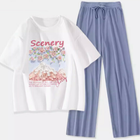 Hot selling two-piece short-sleeved ice silk pants [white (Fuji Sakura) + blue pants] [S-XL size] (please contact customer service to confirm the delivery size after placing the order)