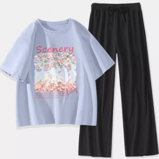 Hot selling two-piece short-sleeved ice silk pants [Light Blue (Fuji Sakura) + Black Pants] [S-XL] (please contact customer service to confirm the delivery size after placing the order)