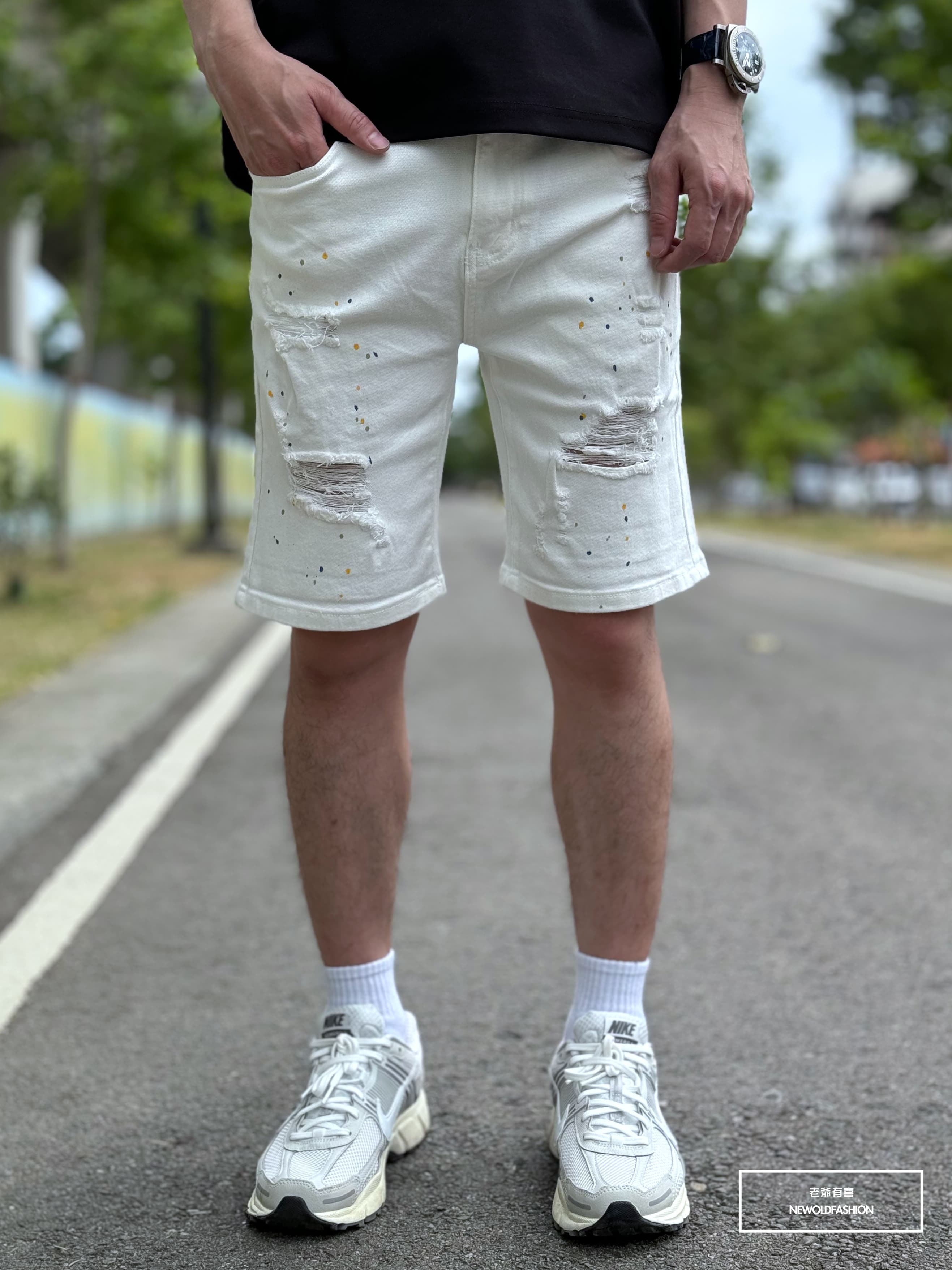 『新品上市』重磅全白彈性潑漆牛仔短褲(NOF2303290)