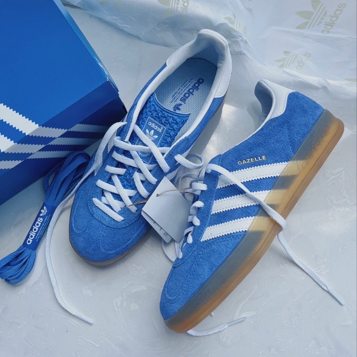 Adidas Gazelle Indoor Fusion 藍白 天空藍 淺藍 焦糖底 麂皮 復古 低筒休閒鞋
