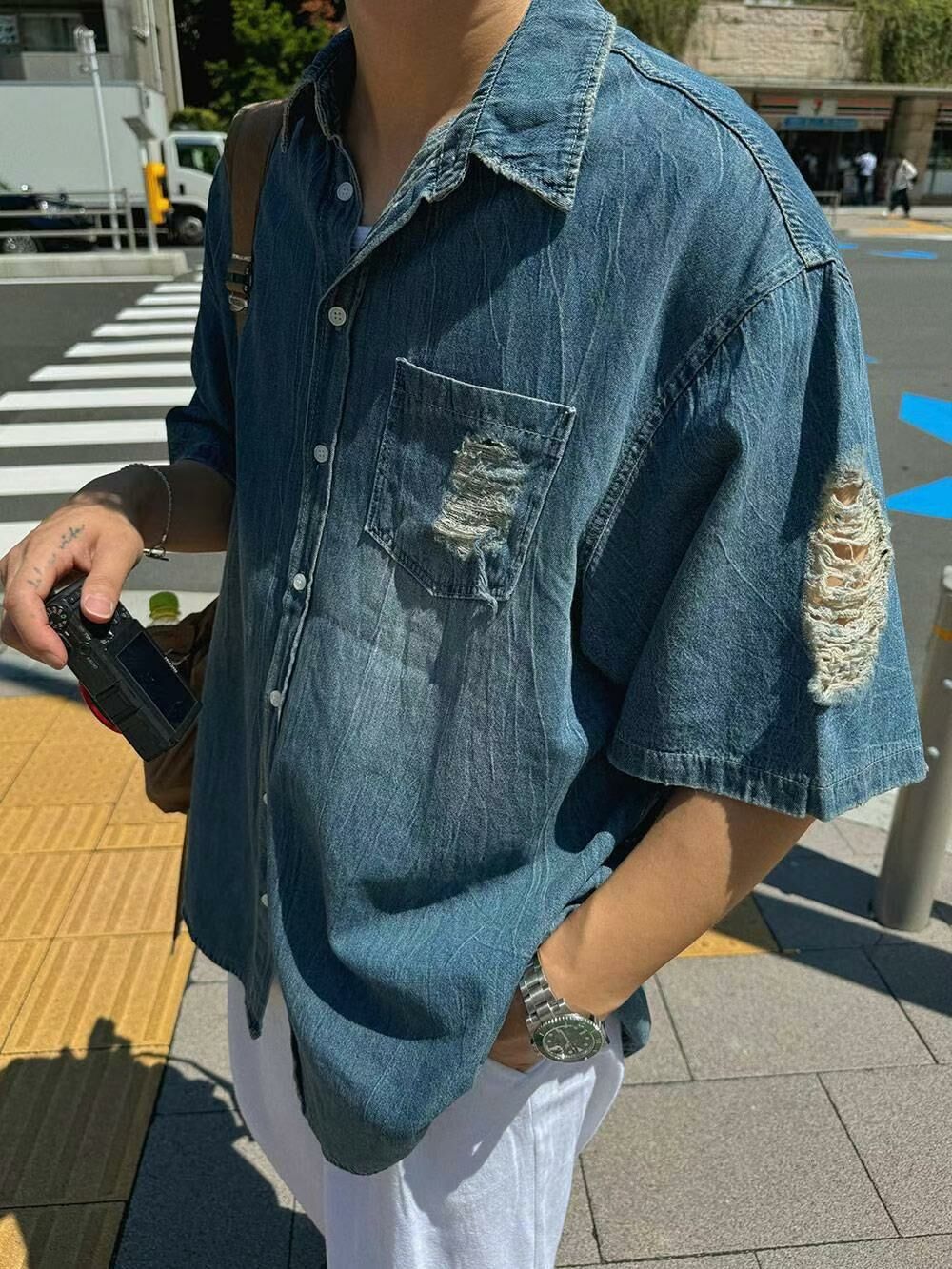 洗水淨色破洞短袖恤衫 taptaptap-055S