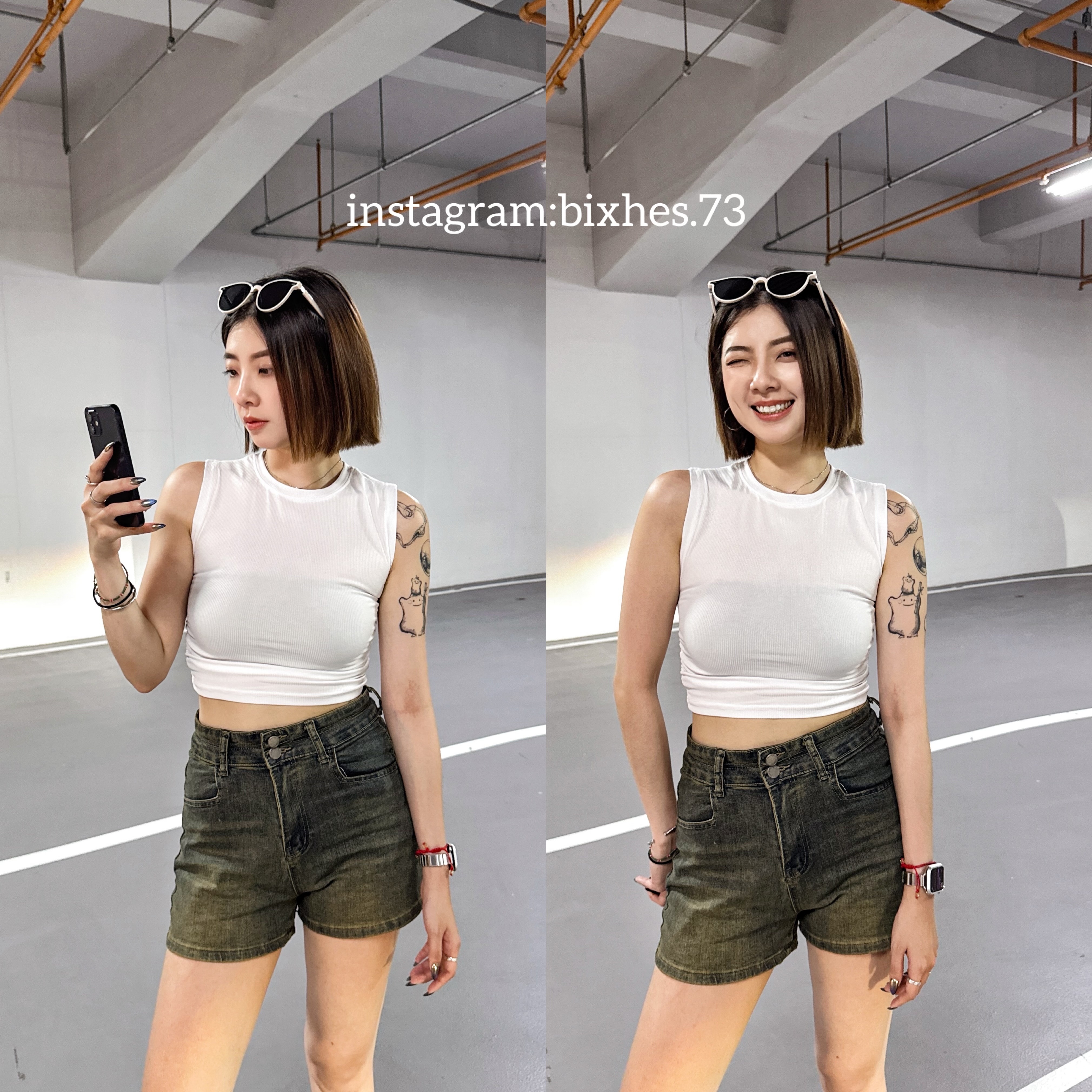 高腰雙扣彈性牛仔短褲(E00090)