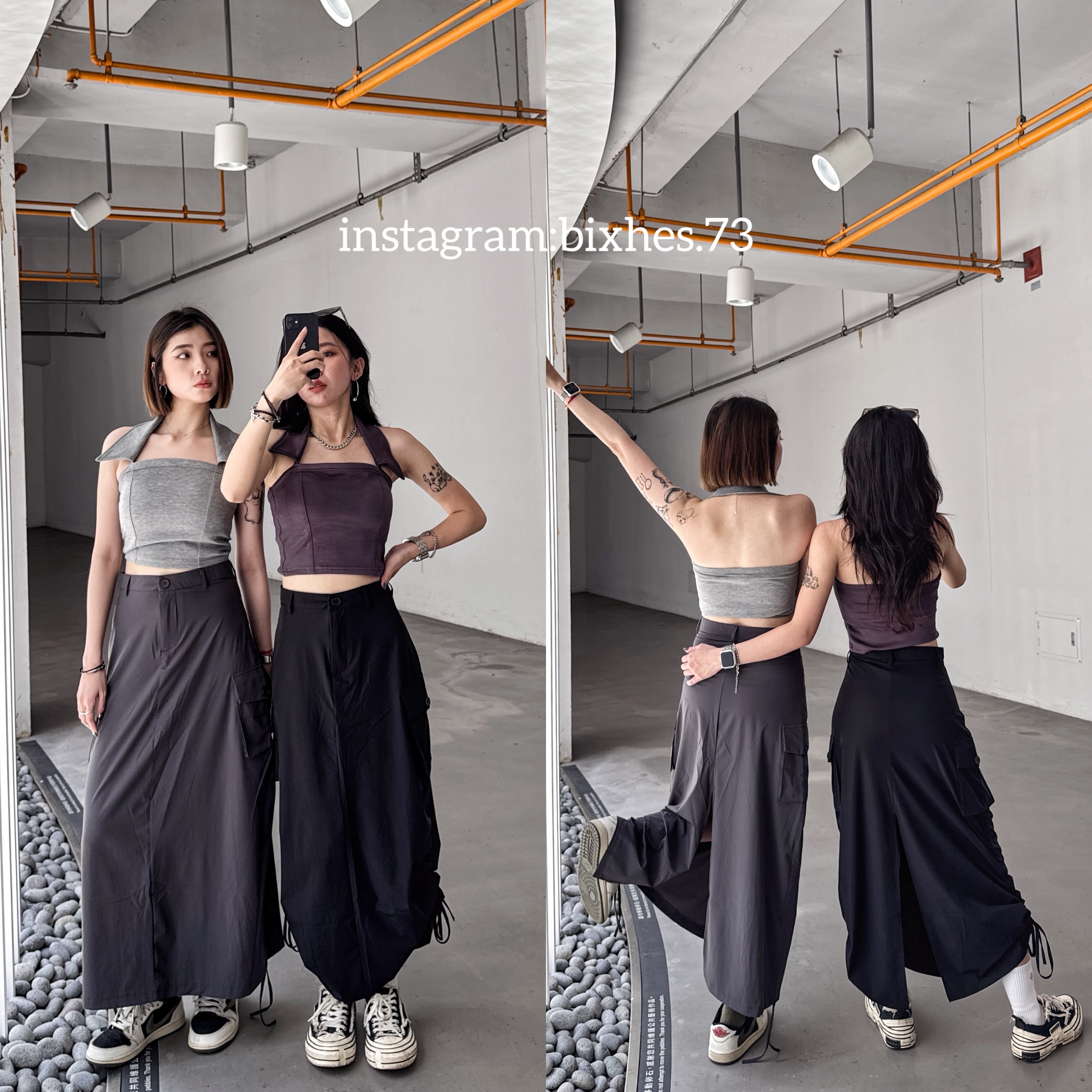 涼感大口袋抓皺長裙(D00030)