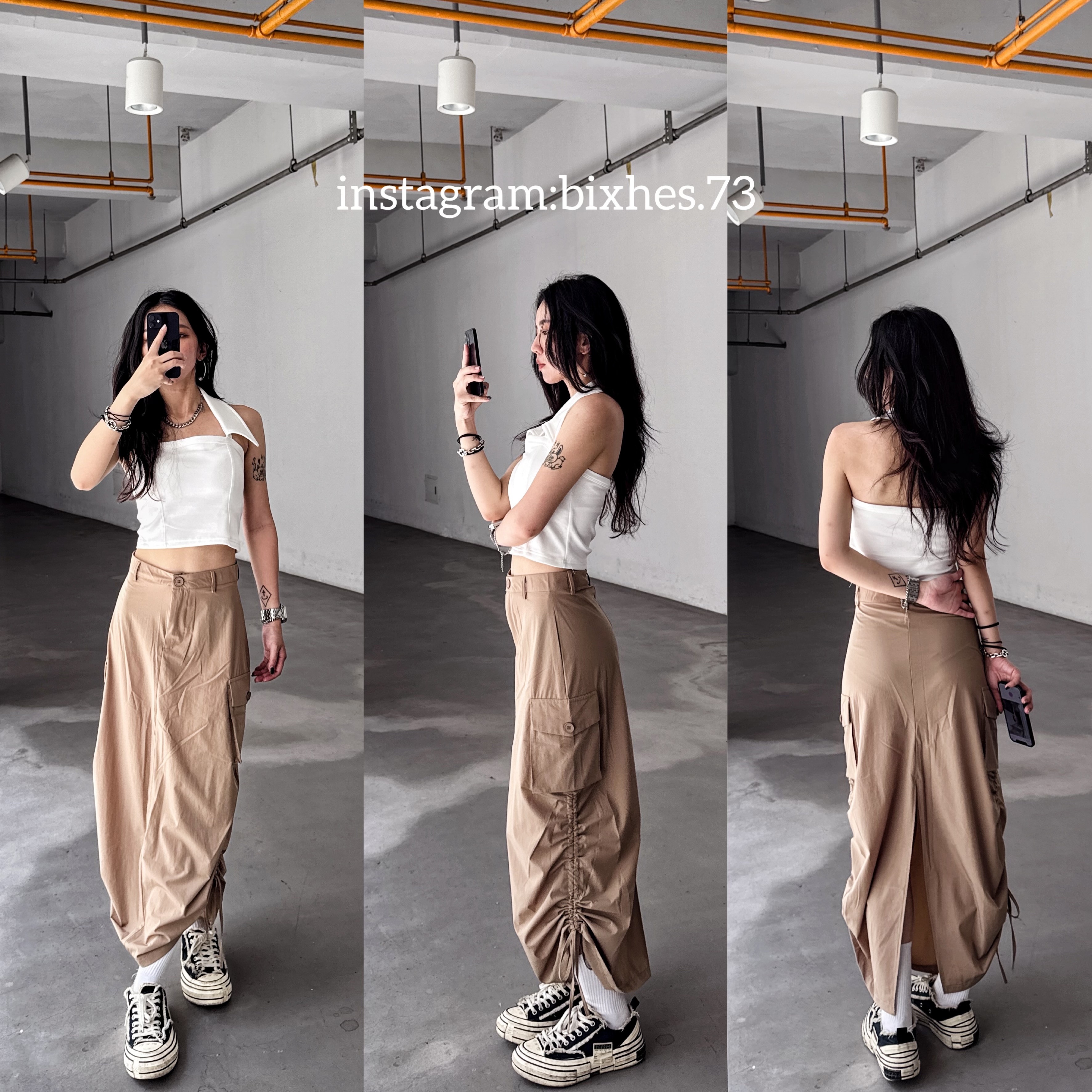 涼感大口袋抓皺長裙(D00030)