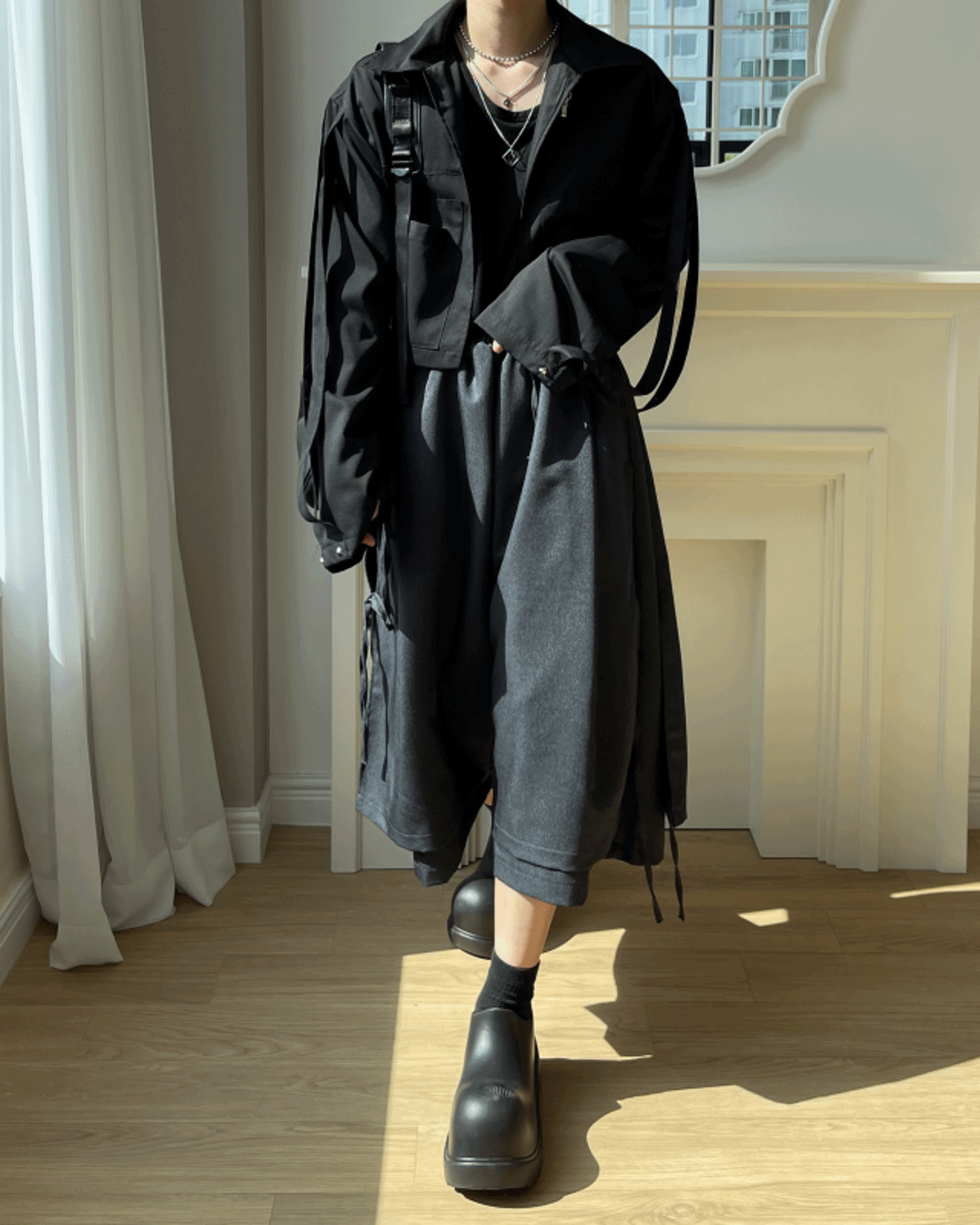 立式長袍側繫帶7分褲