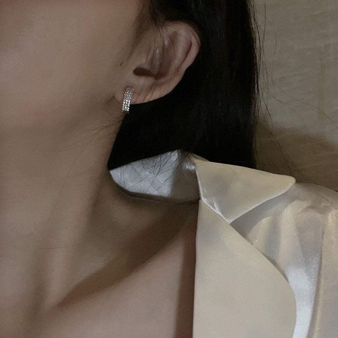 高級巨閃bling 18k三排銀水鑽耳釦釘