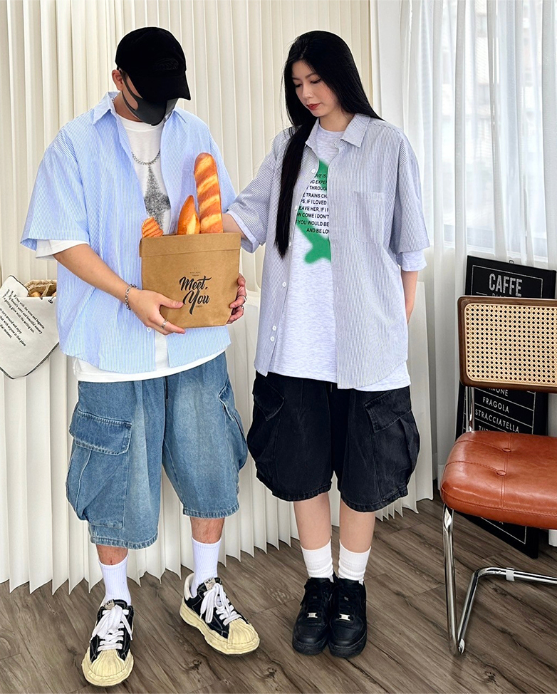 韓國直條紋短襯衫