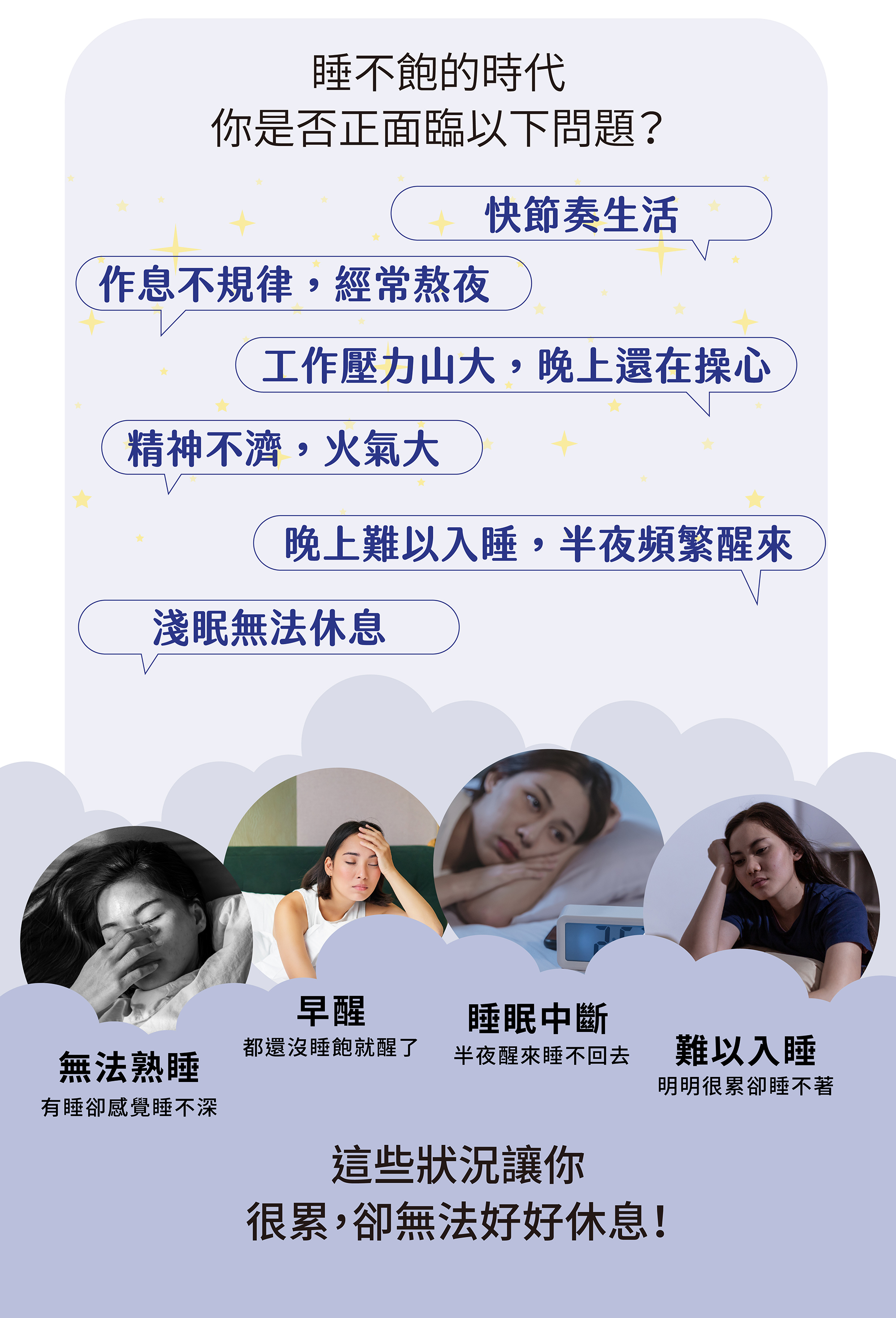 生活快節奏、作息不規律、壓力大、難以入睡、淺眠無法休息，這些狀況讓你很累，卻無法好好休息。