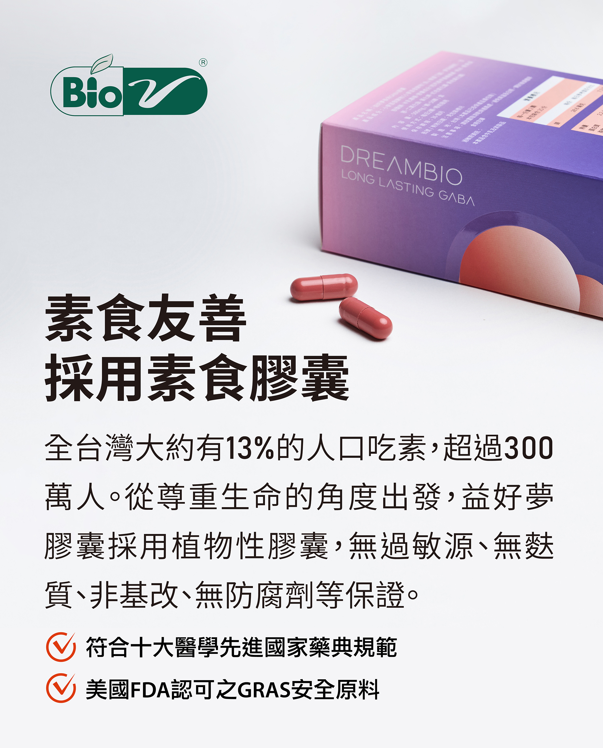 素食友善，採用美國FDA認可之GRAS安全素食膠囊原料。