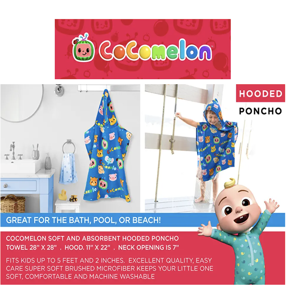 美國 Cocomelon 超柔軟棉質連帽披風