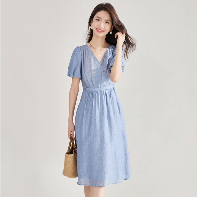 V領公主袖天絲洋裝 藍色