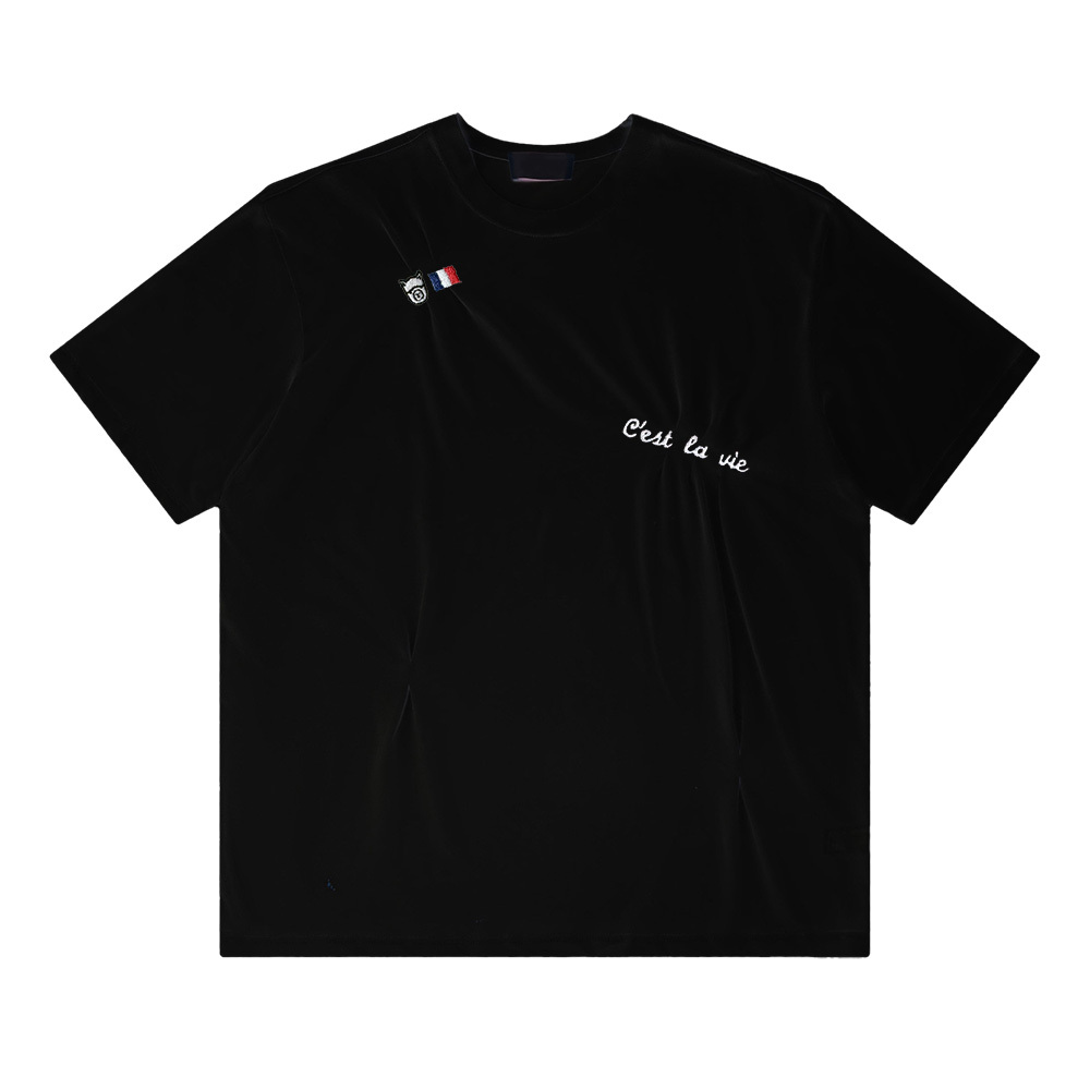 法式羊駝生活刺繡不規則抓皺短袖T