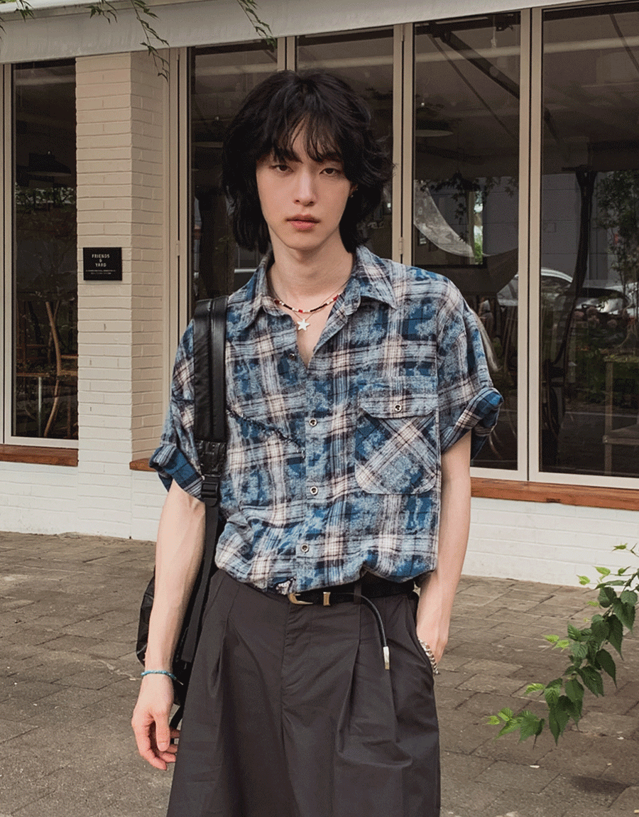 斜線格紋縫線口袋短袖襯衫