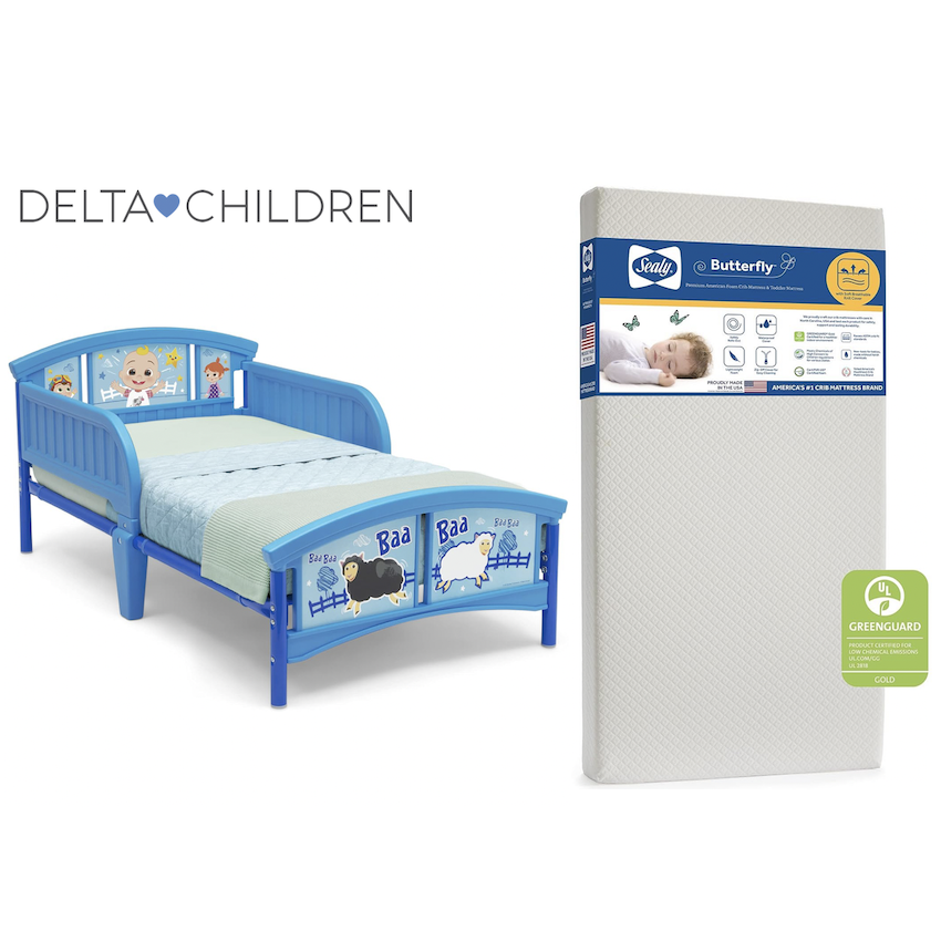 美國 Delta Children Cocomelon 幼童床架 + 美國製 Sealy Butterfly 幼童床褥套裝