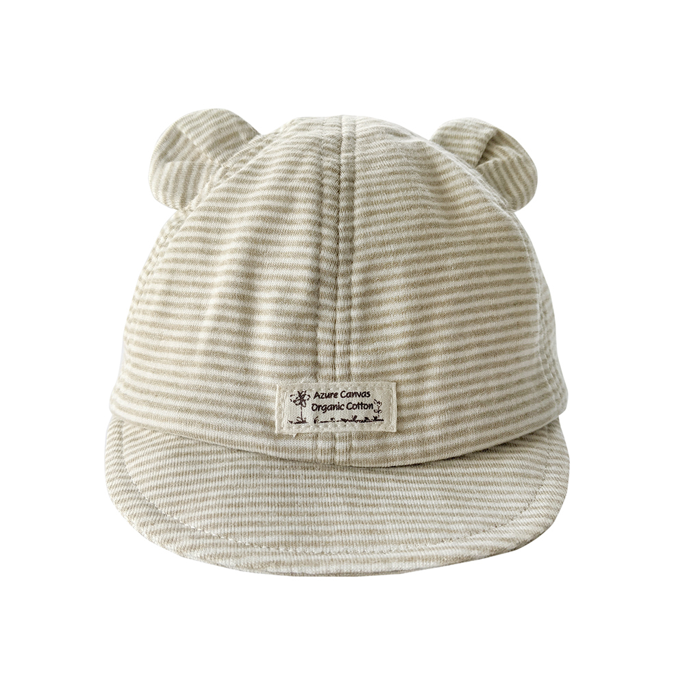 有機棉羅紋布熊耳球帽-綠條 | 藍天畫布有機棉