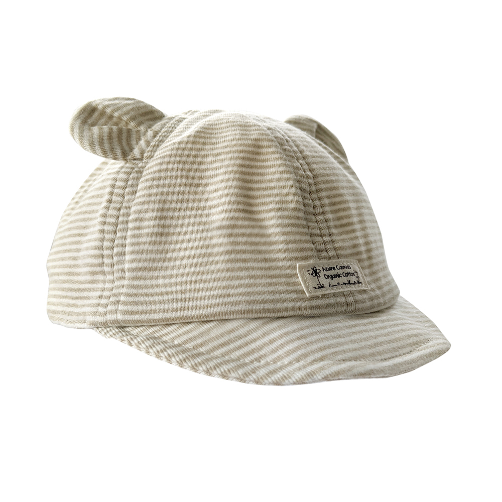 有機棉羅紋布熊耳球帽-綠條 | 藍天畫布有機棉