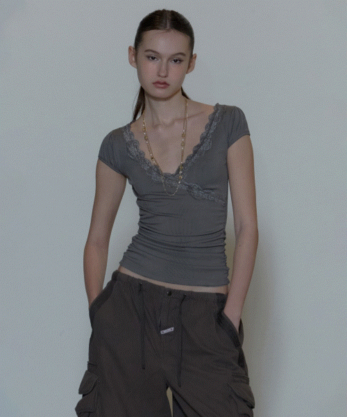 ★SCULPTOR★ Lace Trim Wrap Tee Charcoal SC24S261CH SCULPTOR® online store