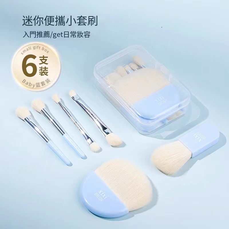 Your makeup brush set of 6 travel portable small set for eye blush, concealer, contour, soft bristles 