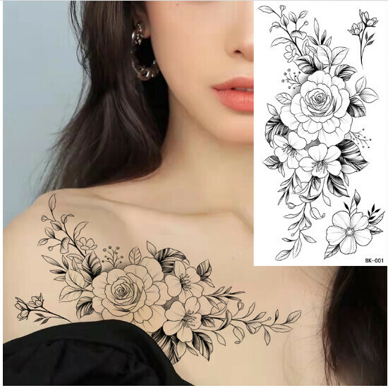 Sketch Tattoo Sticker Rose Black & White Flowers (BK-001)
