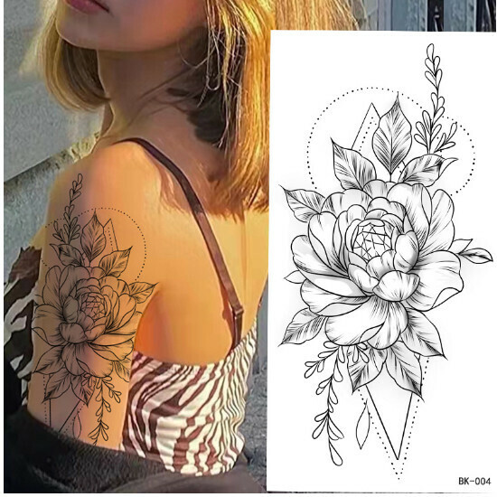 Sketch Tattoo Sticker Rose Black and White Flowers (BK-004)