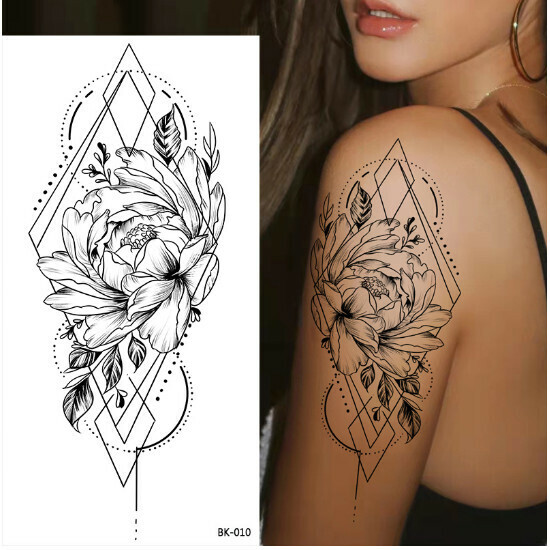 Sketch Tattoo Sticker Rose Black and White Flowers (BK-010)