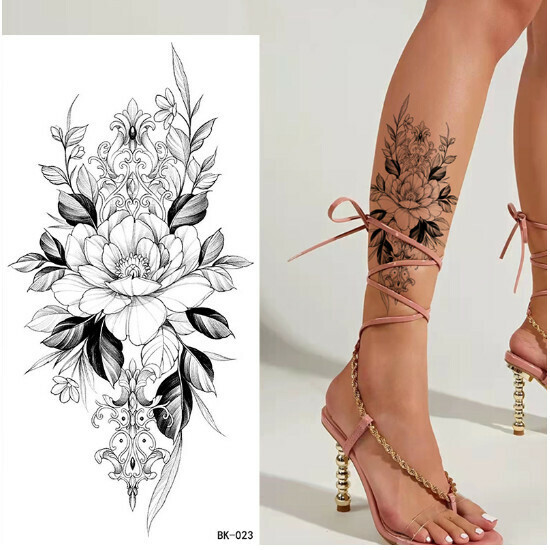 Sketch Tattoo Sticker Rose Black and White Flowers(BK-023)