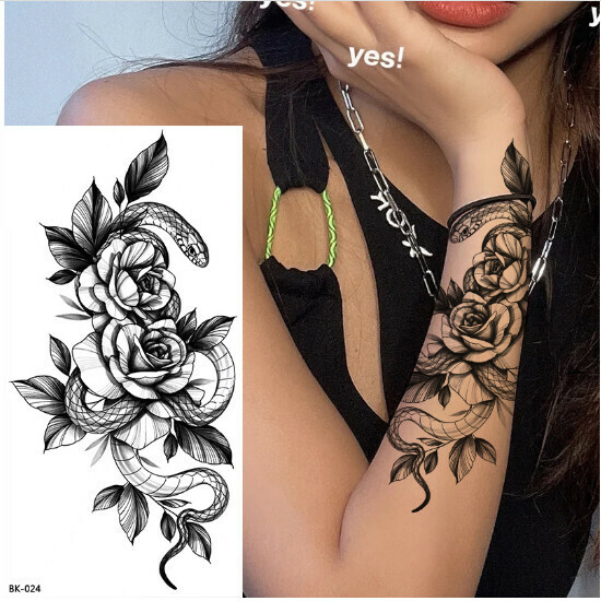 Sketch Tattoo Sticker Rose Black and White Flowers(BK-024)