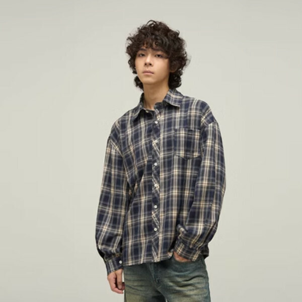 Hot Recommended Retro Long Sleeve Plaid Shirt [Blue plaid M-XL sizes, please confirm the delivery size with customer service after placing the order]