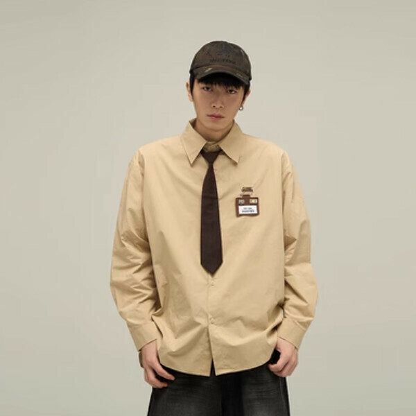 Popular college-style long-sleeved shirt and tie shirt [khaki M-XL sizes, please confirm the delivery size with customer service after placing the order]