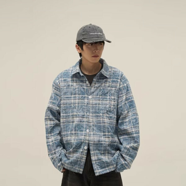 Hot washed plaid long-sleeved shirt [Blue S-XL sizes, confirm delivery size with customer service after placing order]