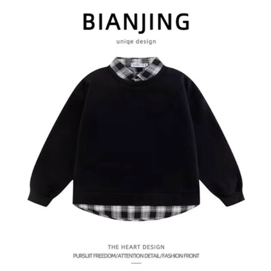 Hotly recommended fake two-piece spliced ​​shirt collar sweatshirt [black] (size: S-3XL) (please contact customer service to confirm the delivery size after placing the order)