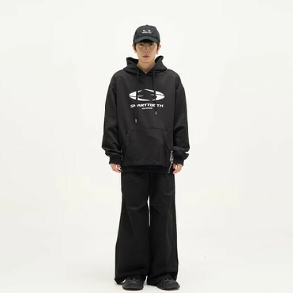 Hot Recommended Retro Hooded Sweatshirt [Black Fake Kangaroo Pocket Sizes M-XL, confirm the delivery size with customer service after placing the order]