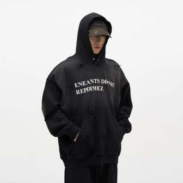 Hot Recommended Retro Washed Distressed Gradient Ripped Hooded Sweatshirt [Black S-XL, please confirm the delivery size with customer service after placing the order]
