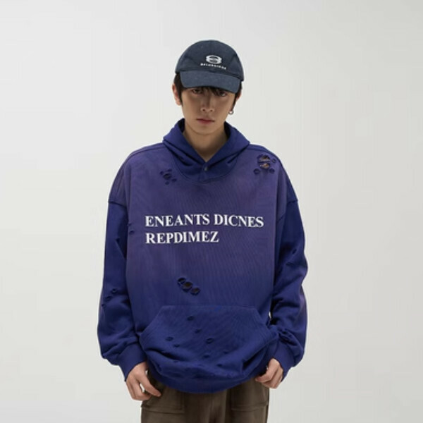 Hot Recommended Retro Washed Distressed Gradient Ripped Hooded Sweatshirt [Blue S-XL sizes, please confirm the delivery size with customer service after placing the order]