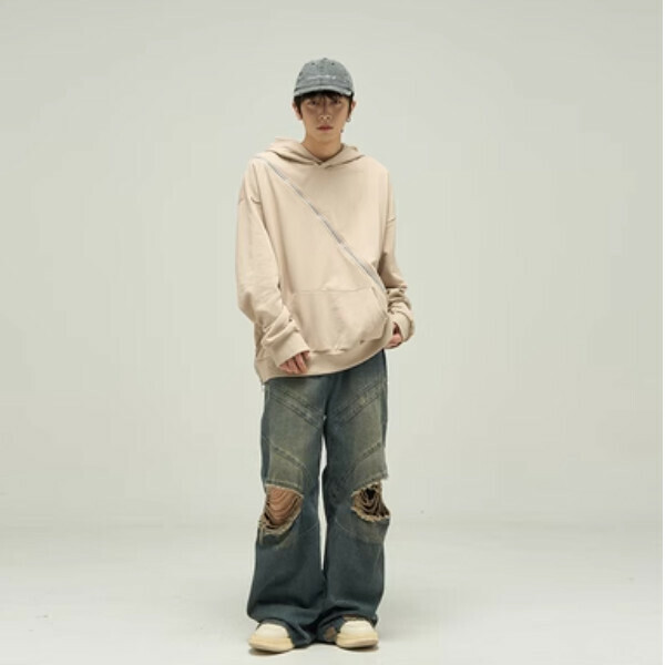 Hot push zipper decorated hooded sweatshirt [khaki M-2XL size, confirm the delivery size with customer service after placing the order]