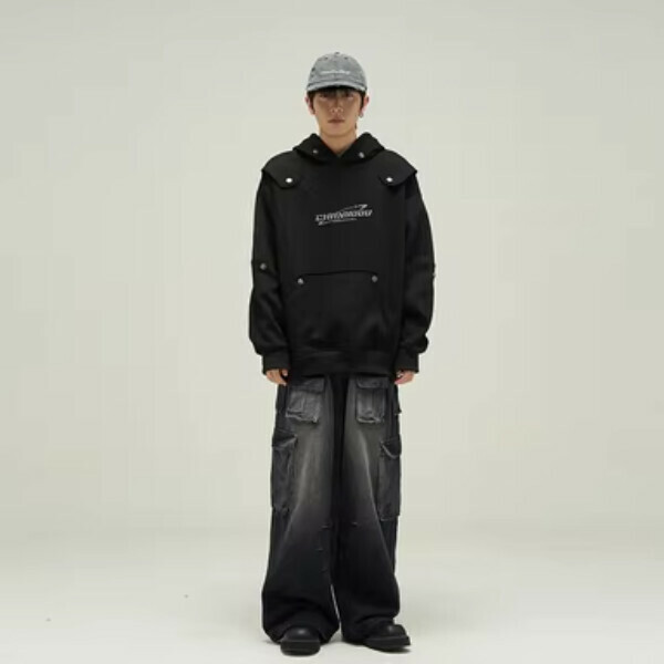 Hotly recommended deconstructed wasteland style hooded sweatshirt [black plus velvet silver fox velvet sizes S-XL, please confirm the delivery size with customer service after placing the order]