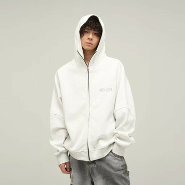 Hot-recommended cardigan heavy stiff retro hooded zipper sweatshirt [white floral gray M-2XL size, confirm the delivery size with customer service after placing the order]