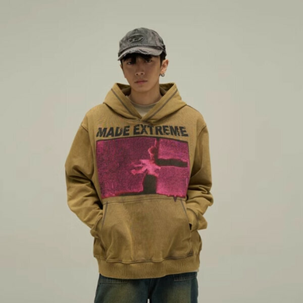 Hot Recommended Retro Washed Distressed Hooded Sweatshirt [Khaki Washed M-2XL, please confirm the delivery size with customer service after placing the order]