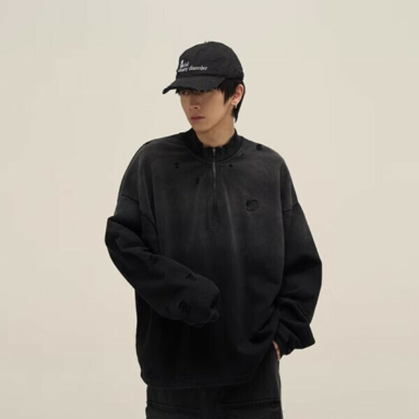 Hot Recommended Retro Washed and Distressed Gradient Half-Zip Sweater [Black washed S-XL, please confirm the delivery size with customer service after placing the order]