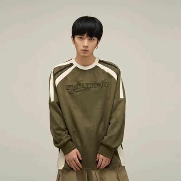 Hot Recommended Retro Sports Spliced ​​Round Neck Sweater [Green S-XL Sizes, confirm the delivery size with customer service after placing the order]