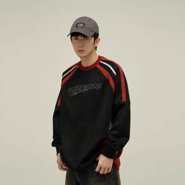 Hot Recommended Retro Sports Spliced ​​Round Neck Sweatshirt [Black S-XL Sizes, confirm the delivery size with customer service after placing the order]