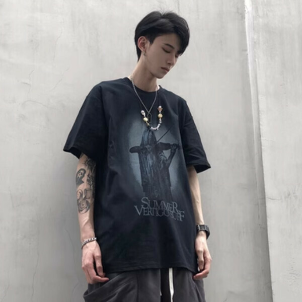 Popular fashion brand oversize ghost print hip-hop half-sleeve [black XL-2XL size, confirm the delivery size with customer service after placing the order]