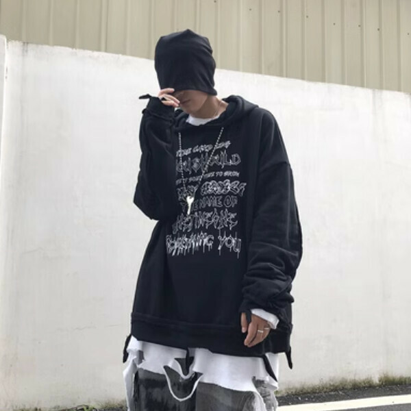 Hot style mourning letter printed BF style ripped sweatshirt [black L-2XL size, please confirm the delivery size with customer service after placing the order]