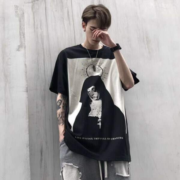 Popular Godmother printed short-sleeved T-shirt, dark loose half-sleeved half-sleeve [Black M-2XL size, confirm the delivery size with customer service after placing the order]