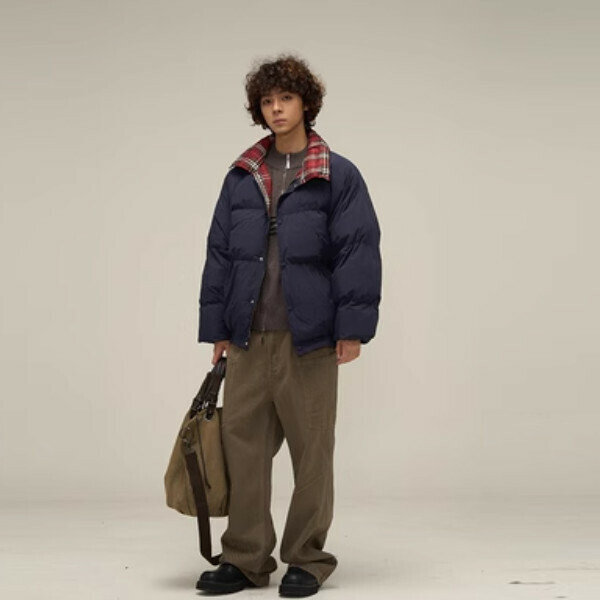 Popular trendy plaid design niche cotton jacket [Navy blue reversible size S-XL, please confirm the delivery size with customer service after placing the order]