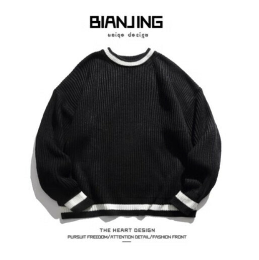 Popular fake two-piece crew neck sweater [black] (size: S-3XL) (please contact customer service to confirm the delivery size after placing the order)