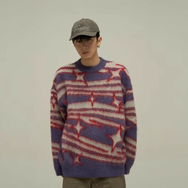 Hot style retro star jacquard design sweater [Red M-XL sizes, please confirm the delivery size with customer service after placing the order]