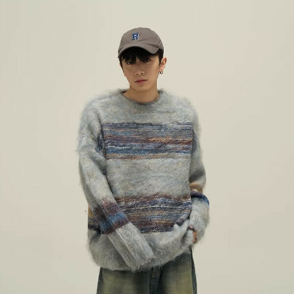 Popular mohair crew neck sweater [Blue M-XL sizes, please confirm the delivery size with customer service after placing the order]