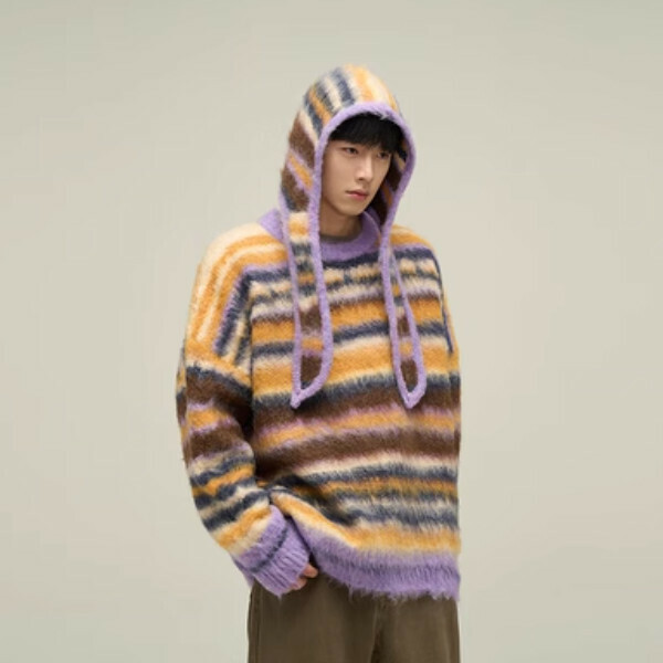 Popular retro rainbow striped crew neck sweater [orange striped hat sizes M-XL, please confirm the delivery size with customer service after placing the order]